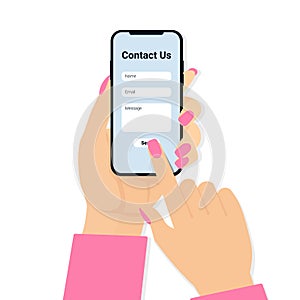 Contact us woman hand and phone