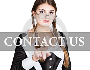 Contact us written on virtual screen. secretary in a business suit with glasses, presses button on virtual screens