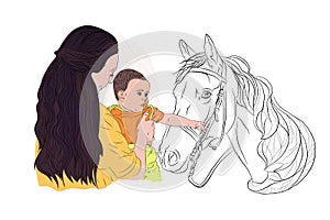 contact zoo. mother and child with a horse