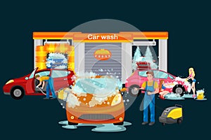 Contactless car washing services, bikini model girl cleaning auto with soap and water, vehicle interior vacuum cleaner