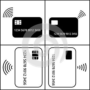 Contactless card icon and credit card symbol. Cashless purchases design. Vector black illustration isolated on white