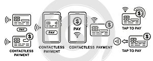 Contactless cashless payment by credit bank card, wireless internet mobile phone money transfer, NFC pay line vector icon