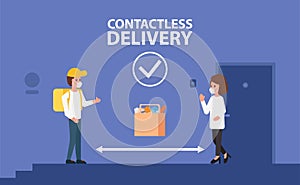 Contactless delivery illustration. A male courier in a protective mask remotely transmits an order to the client at a distance of