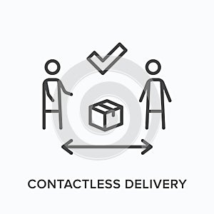 Contactless delivery line icon. Vector outline illustration of courier brought box to client. Safe package