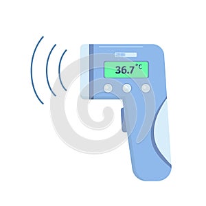 Contactless infrared thermometer for checking body temperature in public areas. Scan coronavirus symptoms and fever