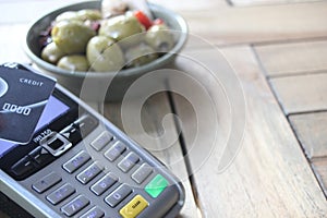 Contactless payment card pdq background copy space with hand holding credit card to pay