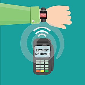 Contactless payment concept - hand with smart watch and check out