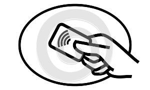 Contactless payment credit card and hand tap vector logo. NFC contactless pay wave, pay pass POS terminal icon