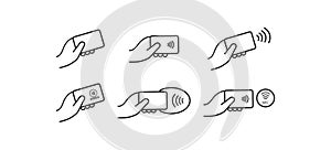 Contactless payment icon set. Credit card and hand tap pay wave illustraton symbol. Sign nfc vector