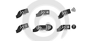 Contactless payment icon set. Credit card and hand tap pay wave illustraton symbol. Sign nfc vector