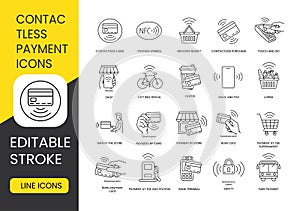 Contactless payment line icon set vector editable stroke, Contactless Purchase and PayPass Symbol, Touch and Go, Basket