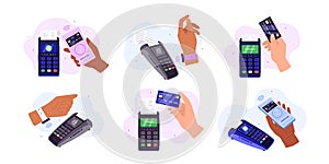Contactless payment, people paying with NFC system, flat vector illustration isolated on white background.