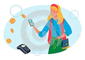 Contactless payment by terminal, vector illustration, finance money device, flat woman character use smartphone for