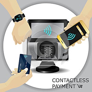 Contactless payment transaction terminal with display and pinpad. Wireless payment. POS terminal, MSR, EMV, NFC smartphone with p photo