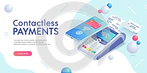 Contactless payment via smartphone isometric abstract banner concept. 3d payment machine, mobile phone with credit card,