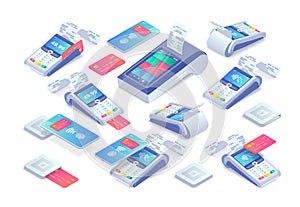 Contactless payments isometric set. 3d Cashless payment machine, smartphone, credit card, smart terminal with online