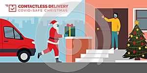 Contactless safe delivery: Santa Claus delivering a gift following safety precautions