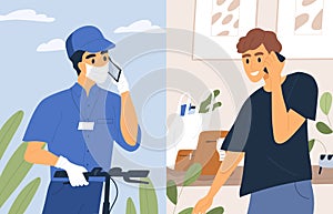 Contactless shipment service vector flat illustration. Male courier in medical mask and gloves talk phone with customer