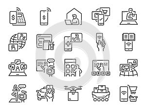 Contactless society line icon set. Included the icons as untact, online, shopping, e-commerce, and more.