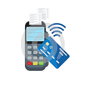 Contactless or wireless payment with posterminal and credit card . Flat style vector illustration.