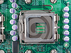 Contacts for connecting the CPU on the motherboard to the processor socket, close-up macro, selective focus, selection of computer