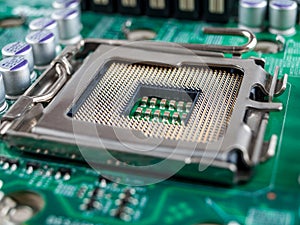 Contacts for connecting the CPU on the motherboard to the processor socket, close-up macro, selective focus, selection of computer
