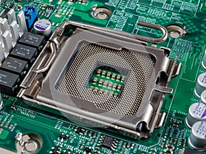 Contacts for connecting the CPU on the motherboard to the processor socket, close-up macro, selective focus, selection of computer