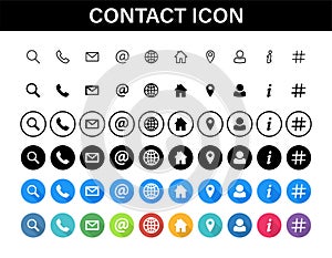 Contacts icon set. Collection social media or communication symbols. Contact, e-mail, mobile phone, message. Vector