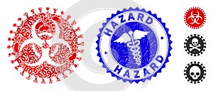 Contagion Collage Virus Hazard Icon with Caduceus Scratched Hazard Stamp