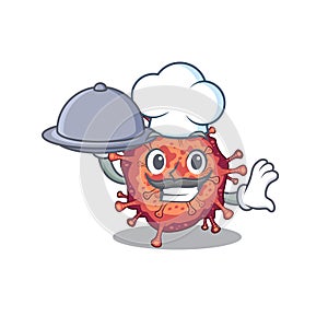 Contagious corona virus as a chef cartoon character with food on tray