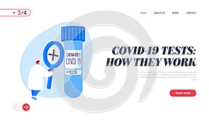 Contagious Disease, Coronavirus Infection Test Landing Page Template. Tiny Nurse or Doctor Character with Glass