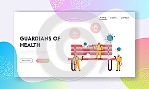 Contagious Virus Infection Spreading Prevention Landing Page Template. Tiny Characters in Protective Suit