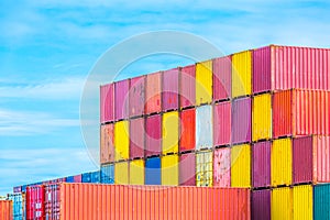 Container box with stack of containers background, Cargo freight