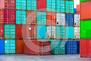 Container box with stack of containers background, Cargo freight
