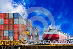 Container box stacked in port and vessel moored along side in port