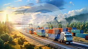 container cargo, featuring a freight train, the concept of business logistics, air cargo trucking, rail transportation