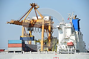 Container cargo freight ship with blue sky