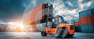 Container Cargo Freight Ship in Logistics Yard With Forklift Loading Cargo at Sunset
