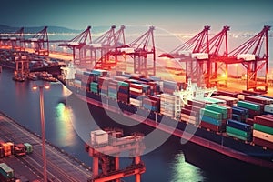 Container Cargo freight ship with working crane bridge at dusk for Logistic Import Export background