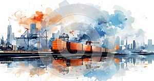 Container Cargo freight ship with working crane bridge and reflection in sea watercolor illustration painting background.