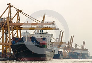 Container Cargo freight ship with working crane bridge in shipyard