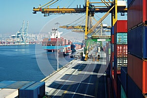 Container Cargo freight ship with working crane bridge in shipyard for Logistic Import Export background