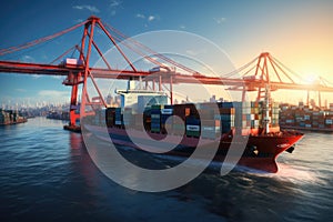 Container Cargo freight ship with working crane bridge in shipyard for Logistic Import Export background, A container cargo