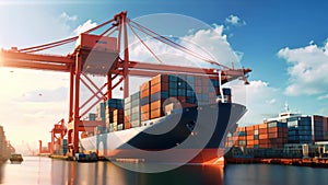 Container Cargo freight ship with working crane bridge in shipyard for Logistic Import Export background, A container cargo