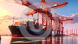 Container Cargo freight ship with working crane bridge in shipyard for Logistic Import Export background, A container cargo