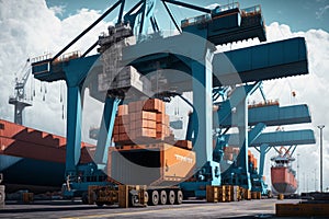 Container Cargo freight ship with working crane bridge and working crane bridge in shipyard for Logistic Import Export background