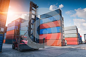 Container Cargo Port Ship Yard Storage Handling of Logistic Transportation Industry. Row of Stacking Containers of Freight Import/