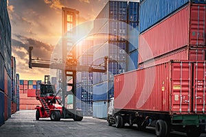 Container Cargo Port Ship Yard Storage of Logistic Transportation Industry. Forklift is Stacking Containers of Freight Import/