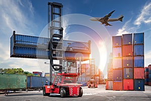 Container Cargo Port Ship Yard Storage of Logistic Transportation Industry. Forklift is Stacking Containers of Freight Import/