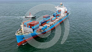 Container cargo ship arrive commercial deep seaport, Global business import export commerce trade logistic transportation